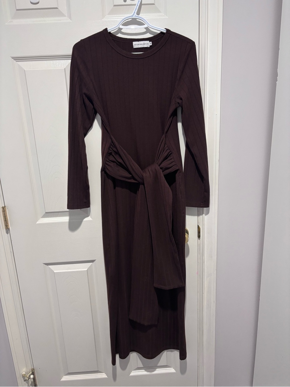 Tie-Waist Ribbed Maxi Dress in Dark Brown